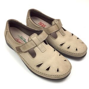 SAS Roamer EZ T Strap Walking Comfort Shoes Women 7.5 M Tan Beige Leather Flats